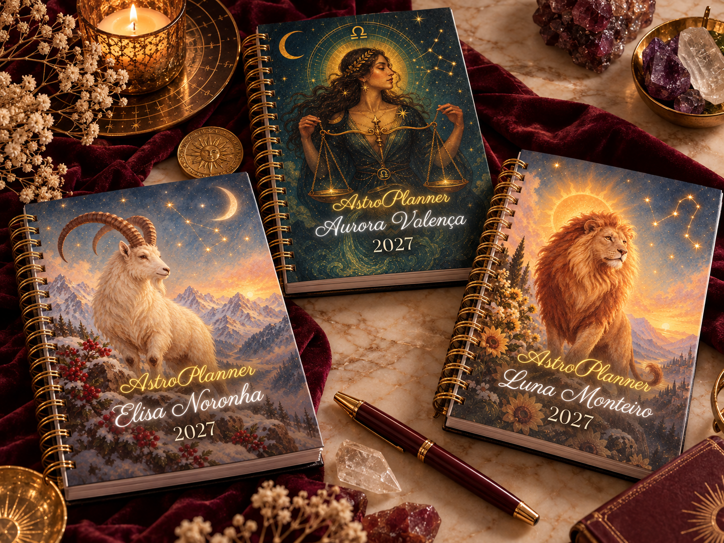 Três AstroPlanners 2027 diferentes, cada um com capa e nome próprios