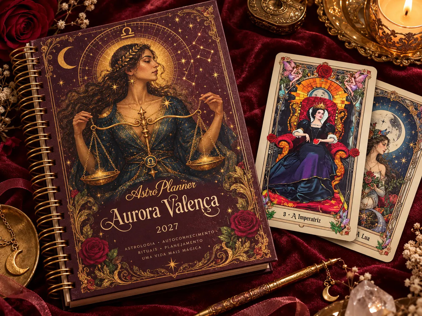 AstroPlanner ao lado de cartas do Tarô dos Contos de Fadas: A Imperatriz e A Lua
