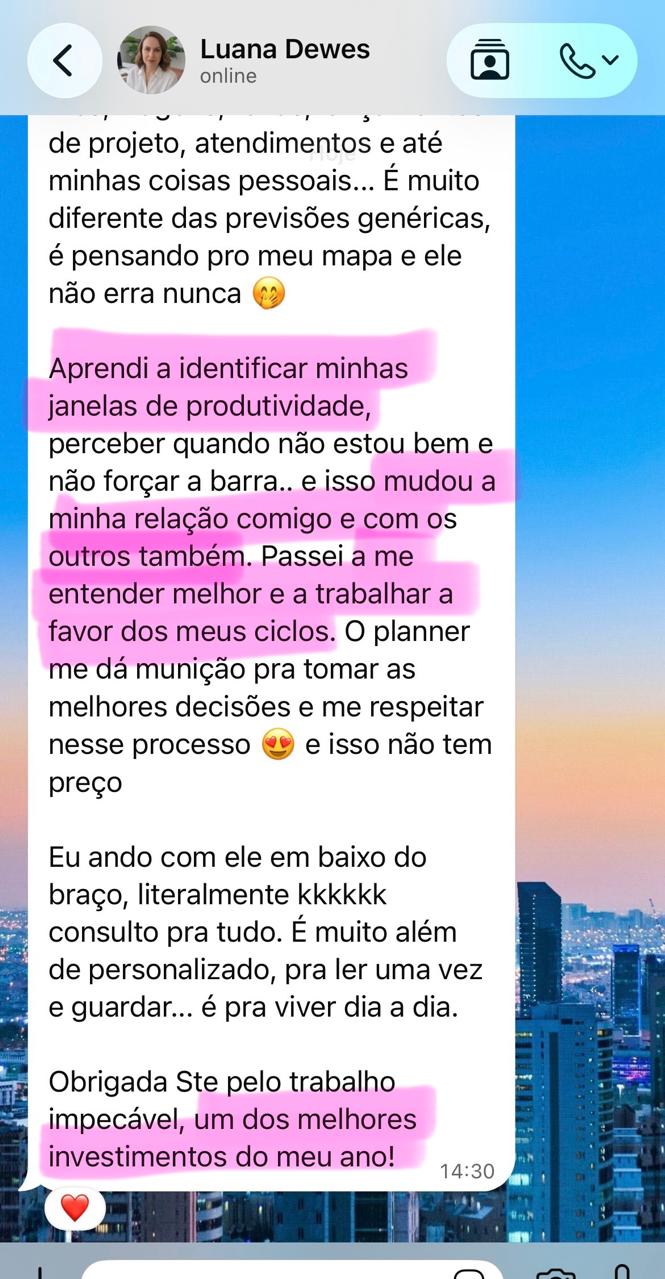 Print do depoimento real de Luana Dewes sobre o AstroPlanner